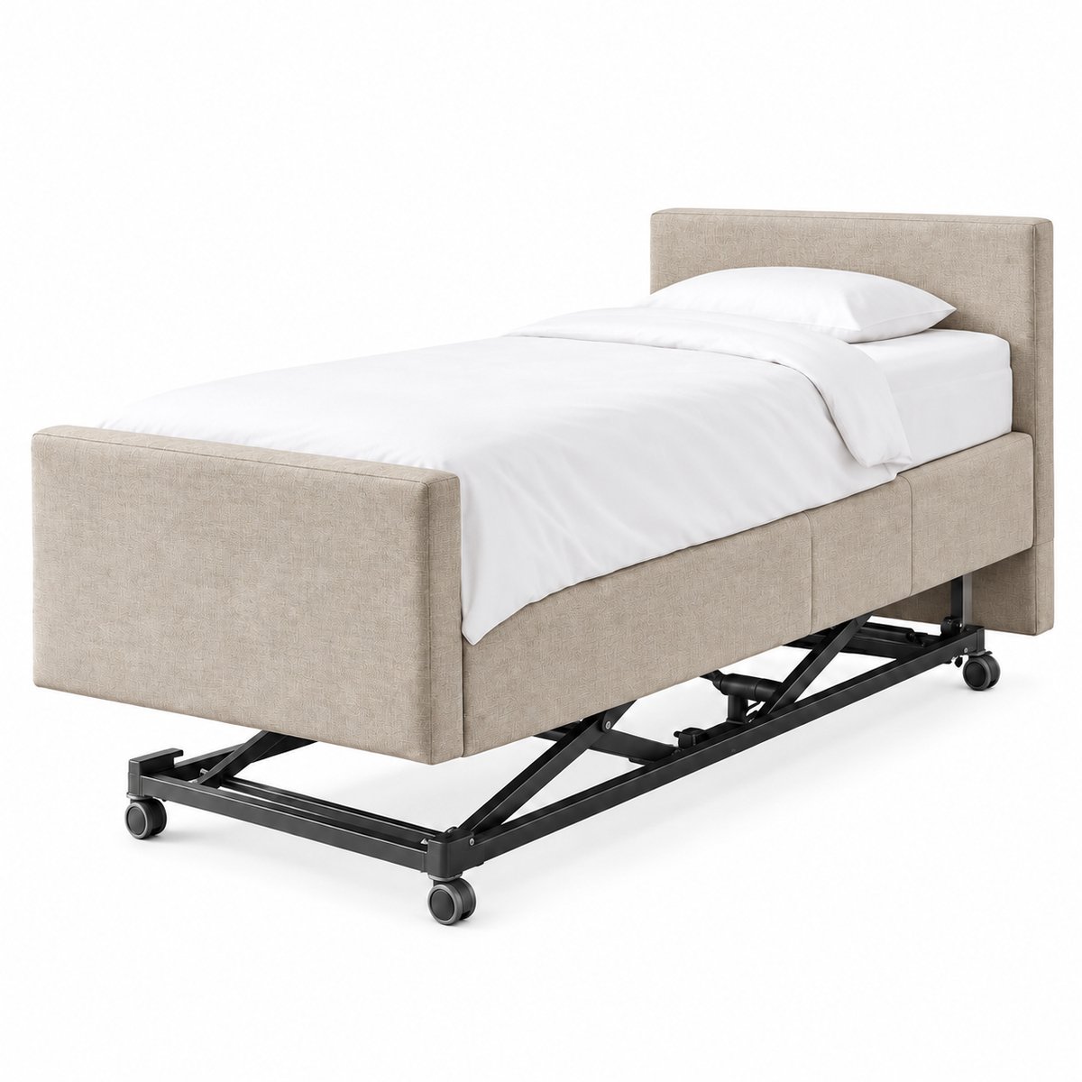 BoxspringFD Serre Hoog Laag Bed / Boxspring 1 Persoons Verzorgingsbed Seniorenbed Elektrisch Verstelbaar, 90x220 cm, kleur beige