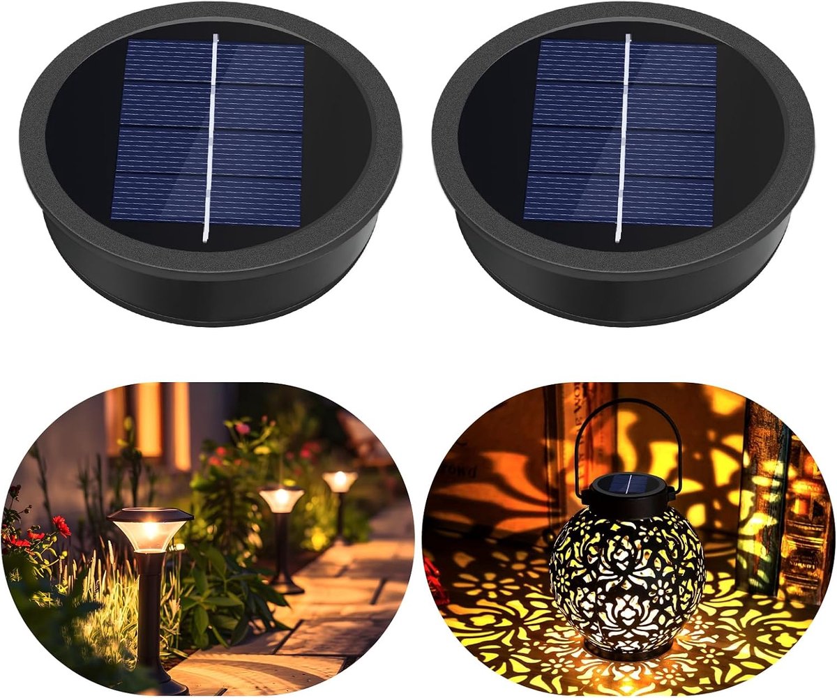 2-pack Solar vervangende deksels 8,2 cm voor solarlamp buitenlantaarns, 1,2V 600 mAh, IP44 waterdicht met warm licht, LED solar vervangende opzetstuk voor buiten tuinlantaarnlamp