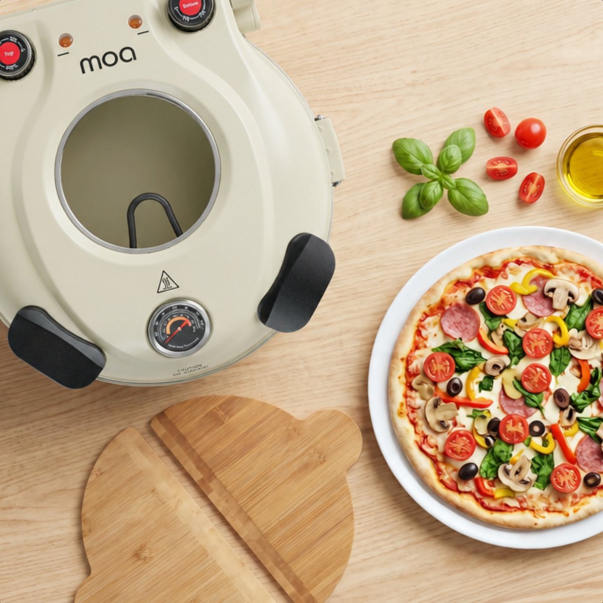 MOA Elektrische Pizzaoven - Tot 400°C - Boven- en Onderwarmte - Met Bamboeschep - Pizza Oven - 30,5 cm Pizzasteen - Beige – foto 8
