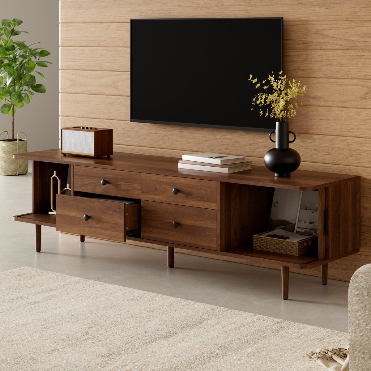 MIVRAY Tv-Meubel - Ruime Opbergruimte Met Vier Lades En Twee Schuifdeuren - Voor Woonkamer - MDF - Walnootkleur - 165 x 40 x 46 Cm
