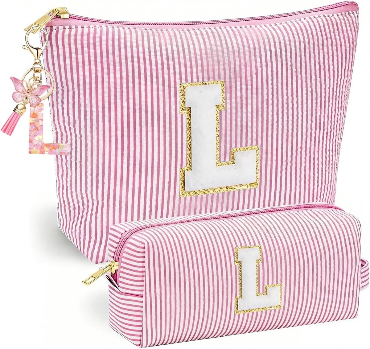 Gepersonaliseerde make-up tas (L) - Roze - Vlinder kwastje sleutelhanger - Unieke stijl voor meisjes - ShopVlot