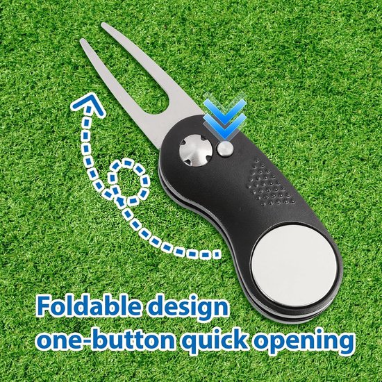 Opvouwbare Pitchfork voor Golf met Ball Marker en RVS Aluminium Hoedclip - Ideaal voor het Repareren van Pitchmarks op de Green, Handig Golfaccessoire voor Spelers — afbeelding 3