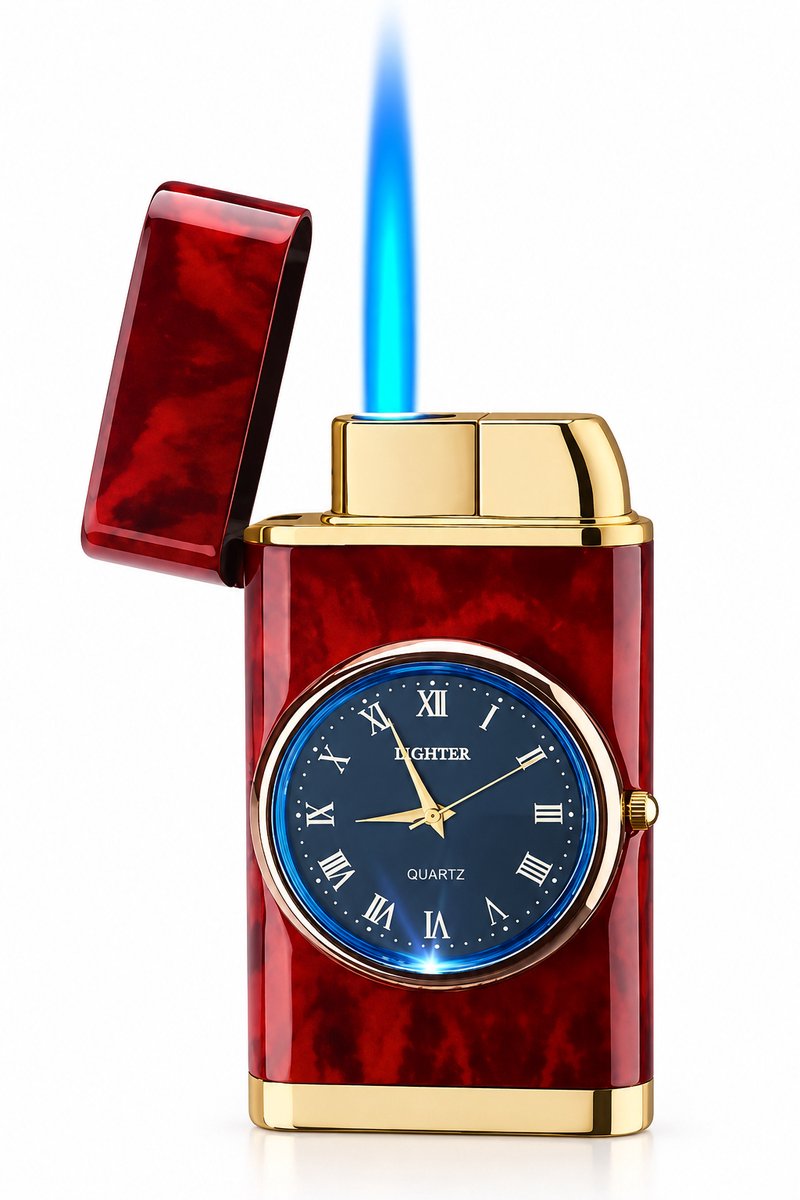 Nina’s Giftshop® Luxe Rode Aansteker met LED Klok – Windproof Gasaansteker – Blauwe Vlam – Navulbaar – Verstelbare Vlam – Cadeau voor Man & Vrouw – Kerstcadeau