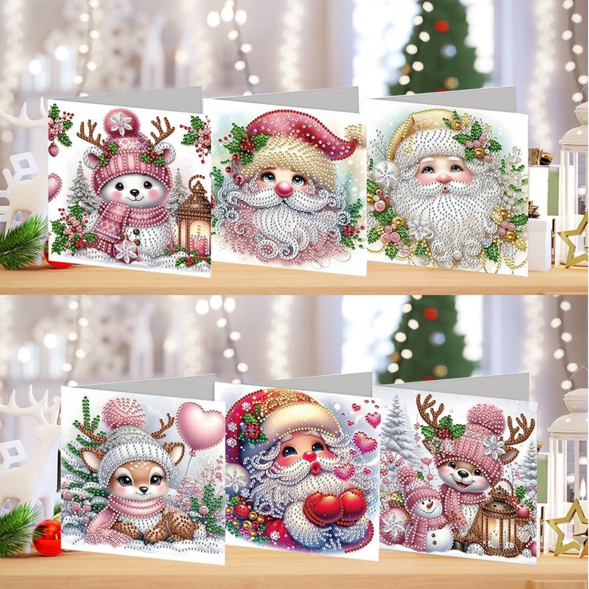 6 stuks diamond painting kerstkaarten - 15 x 20 cm - kerstkaarten met enveloppen - complete diamond painting set - kerstboom - voor kerst, verjaardagen en feestdagen