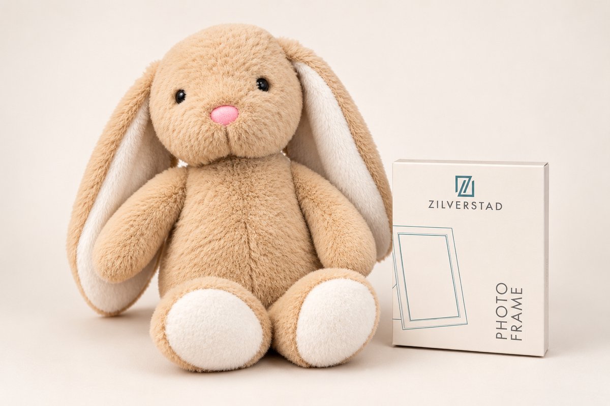 Eddy Toys Knuffelkonijn Beige 25 cm met Zilverstad Fotolijst – Baby Cadeauset – Kraamcadeau