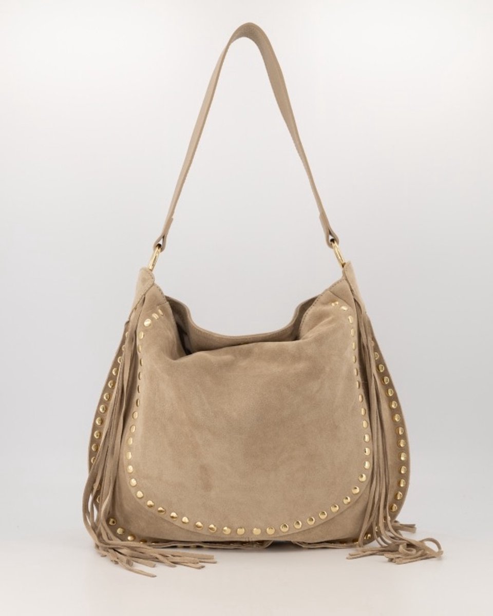 Damestas - Coacha - Taupe - Suede - 41cm x36cm - Hobotas - Echt leer - Studs - Franjes - Rits en vakken