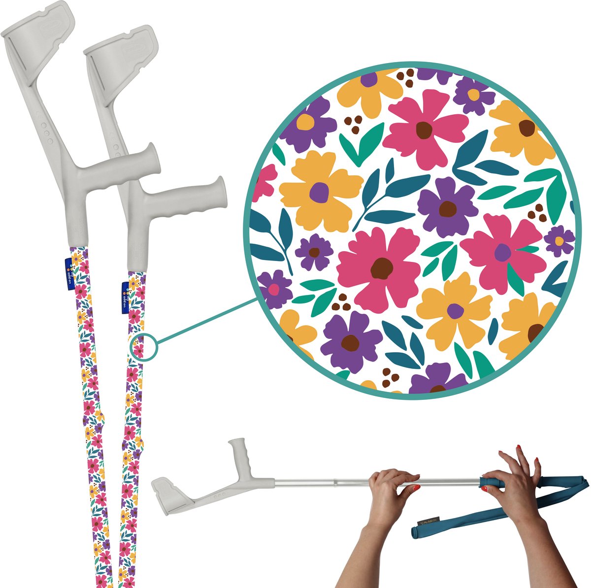 myCover Flower Power - 2 stuks - Trendy hoes voor krukken en wandelstokken, past op elke kruk of wandelstok, elastische stof, wasbaar 30°C, verschillende patronen - Excl. Kruk