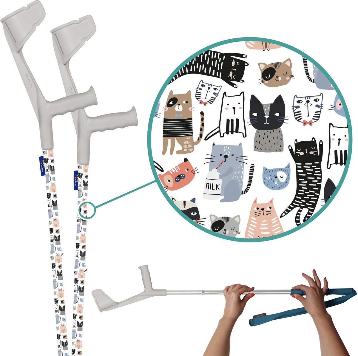 myCover Sketched Cats - 2 stuks - Trendy hoes voor krukken en wandelstokken, past op elke kruk of wandelstok, elastische stof, wasbaar 30°C, verschillende patronen - Excl. Kruk