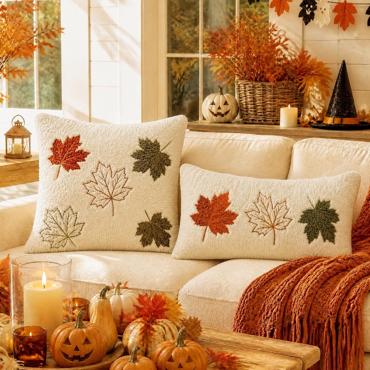 SNQ Herfst en Halloween Kussenhoezen - Set van 2 - 45x45 cm en 30x50 cm - Zonder Binnenkussen - Zachte Pluche - Boerderijstijl - Kleurrijk - Voor Bank, Sofa en Bed