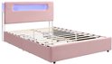Roze gestoffeerd bedframe met led-hoofdeinde en lattenbodem, zijaanzicht.