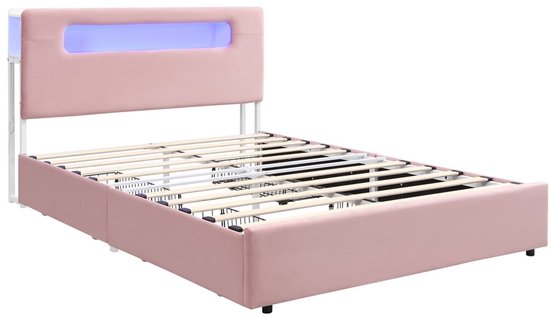 Roze gestoffeerd bedframe met led-hoofdeinde en lattenbodem, zijaanzicht.