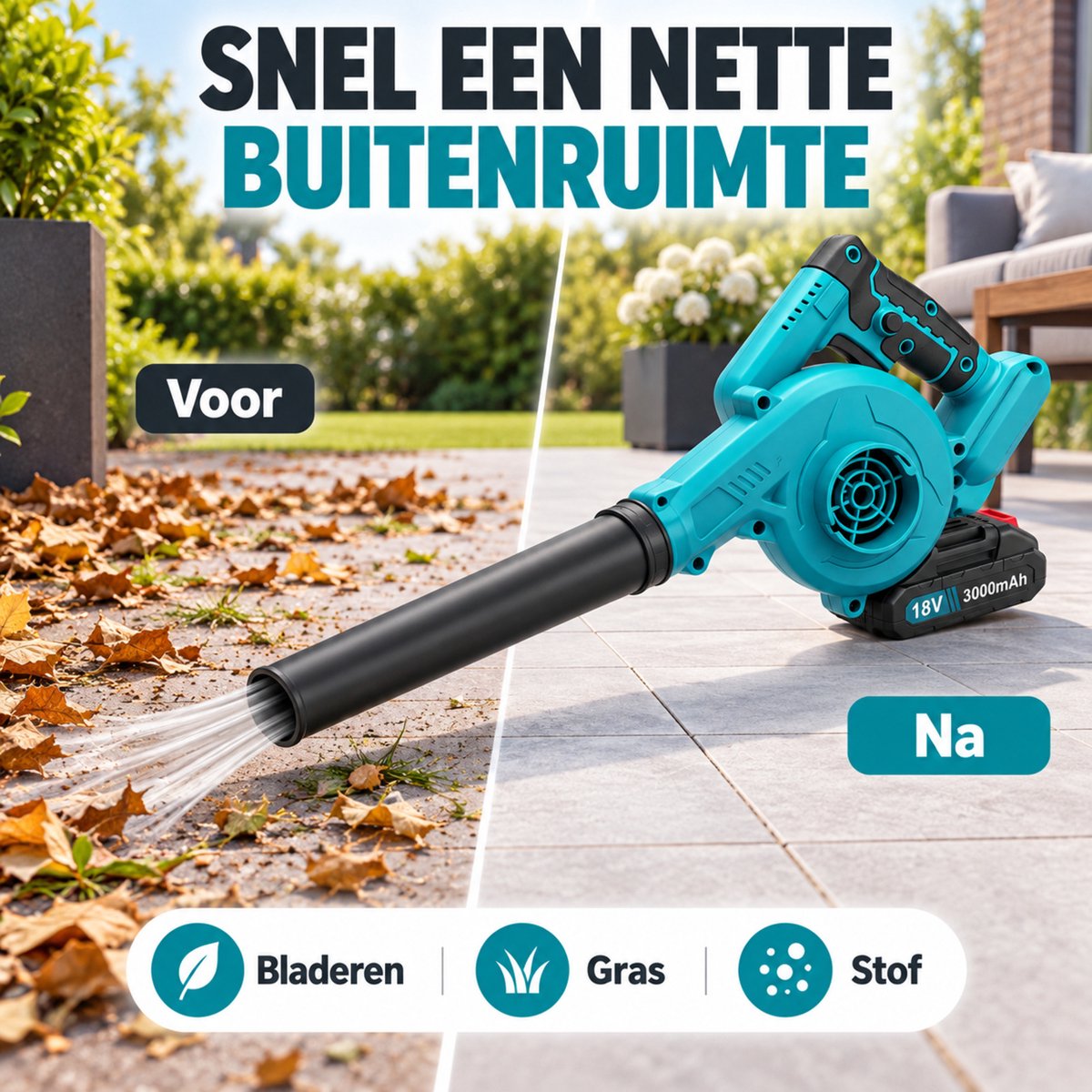 Draadloze Bladblazer met Accu – Handblazer en Bladzuiger 2-in-1 – Complete Set met 2 Accu’s, Opvangzak en Accessoires – Voor Bladeren, Stof en Autoreiniging – foto 7