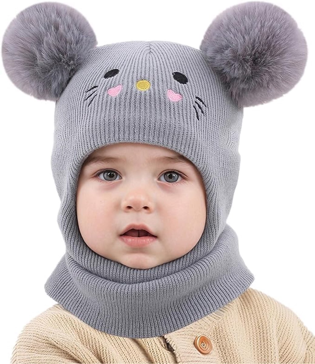 Bivakmuts kind - Babymuts winter - Warme sjaalmuts - Gebreide muts met pompons - Winddichte hoofdbescherming - Voor buitenactiviteiten - Geschikt voor skiën - Grijs - 6 maanden - Tot 6 jaar