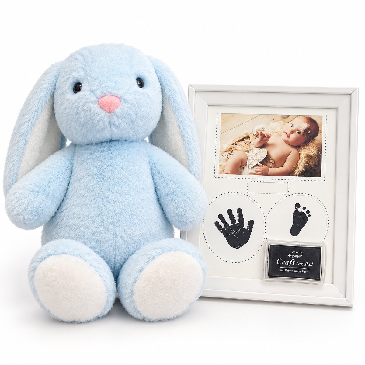 Eddy Toys Knuffelkonijn blauw 25 cm met Fotolijst – Baby Hand- en Voetafdruk – Kraamcadeau