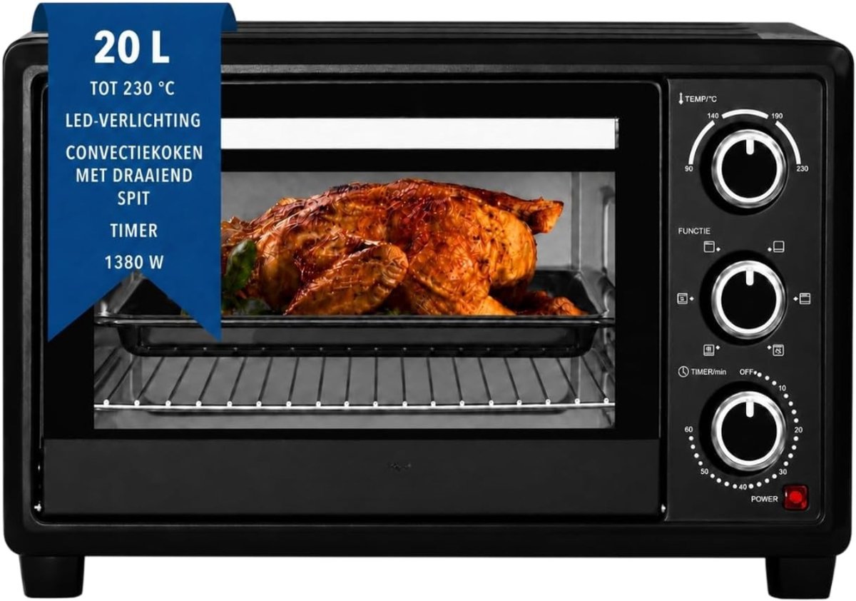 Kavora® Mini Oven - Mini-oven 20L - Minioven met instelbare temperatuur - Zwart - 34cm x 46cm x 29cm