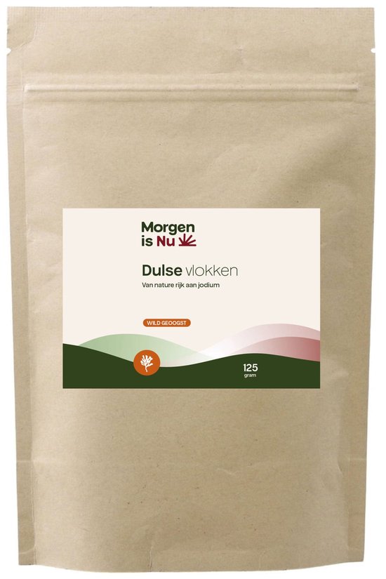 Bruine papieren verpakking met een label waarop "Morgen is Nu Dulse vlokken" staat. Bevat 125 gram.