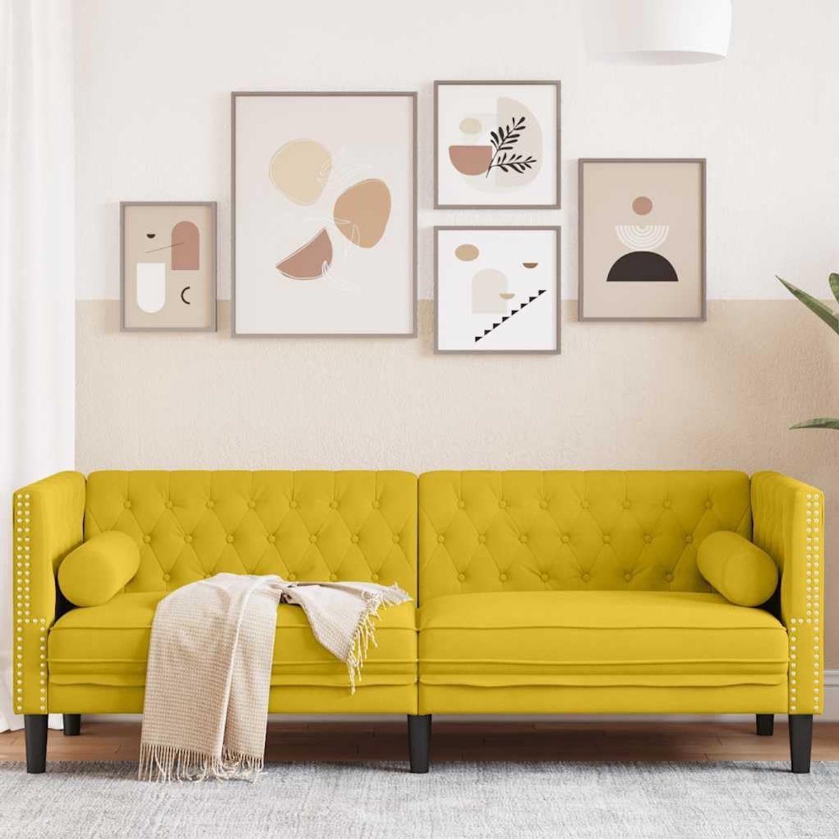 3-zits sofa met nekrollen in geel fluweel sofa comfortabel voor woonkamer