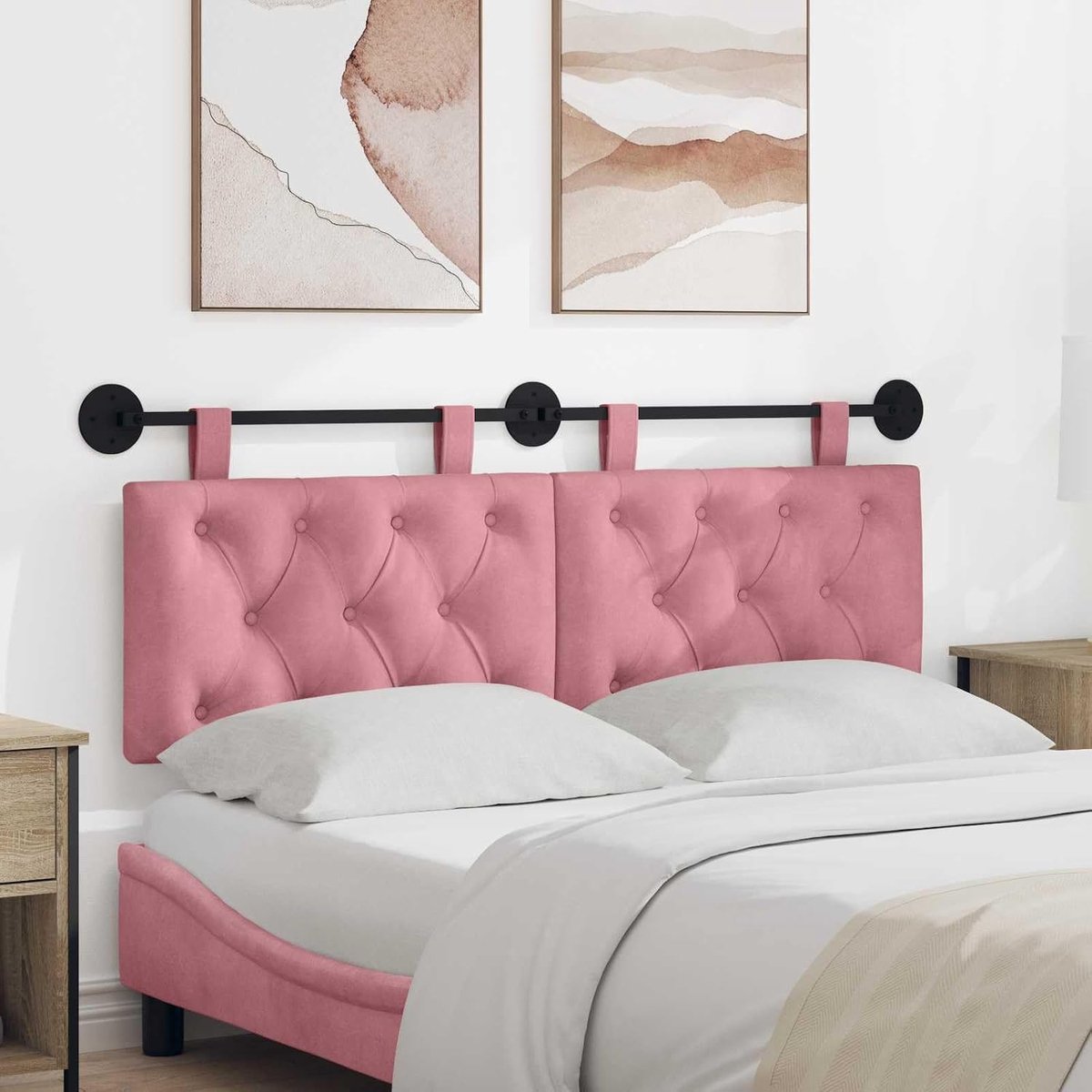 Hoofdeinde van fluweel met knopen en ledlamp, roze velours, voor slaapkamer, eetkamer en gang, technisch hout en schuimstof