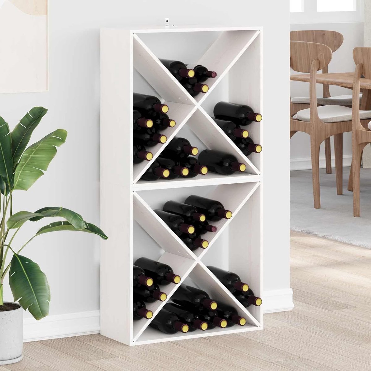 Wijnrek, set van 2, wit, van massief grenenhout, 62 x 25 x 62 cm, stapelbaar flessenrek voor keuken en woonkamer, stabiele wijnopslag