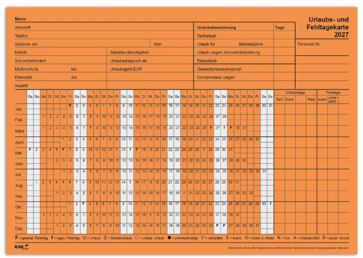 RNK Verlag vakantie- en afwezigheidskaarten 2027, oranje karton 190 g/m², 100 kaarten