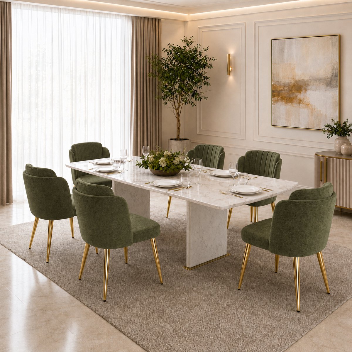 STILVORA Eetkamerstoelen Set Van 6 - Gebogen Rugleuning Met Verstelbare Voetdoppen - Voor Eetkamer En Keuken - Stof Groen Goudkleurig Metaal