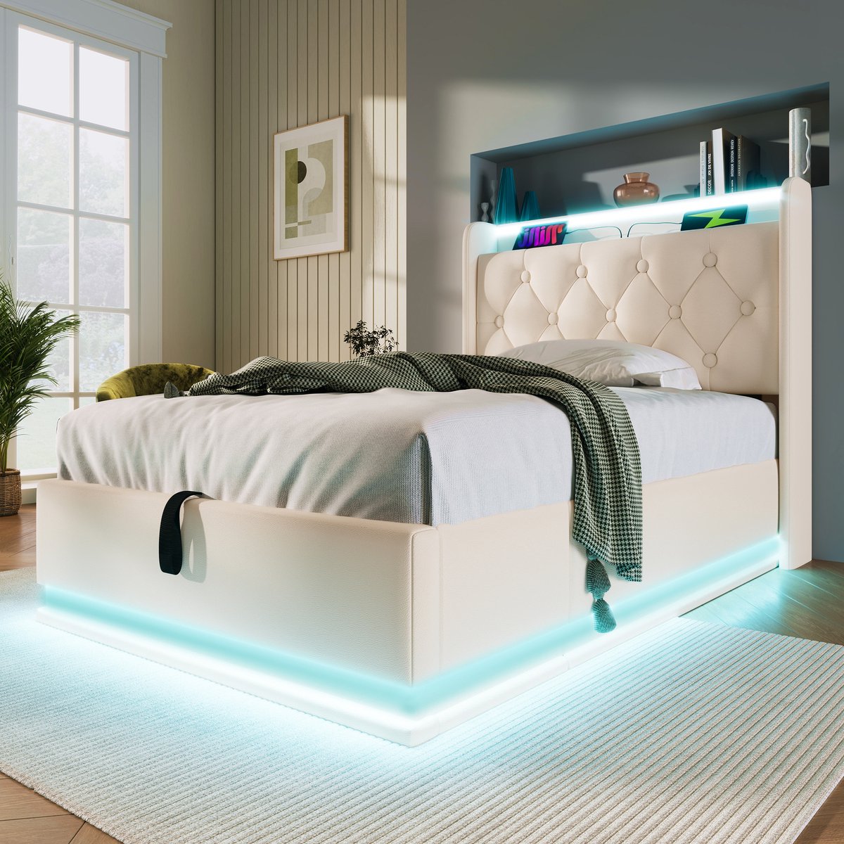 AURA LUMEN Gestoffeerd bed Eenpersoonsbed 90 x 200 cm Hydraulisch bed met LED en USB-Typ-C Kopbord wit