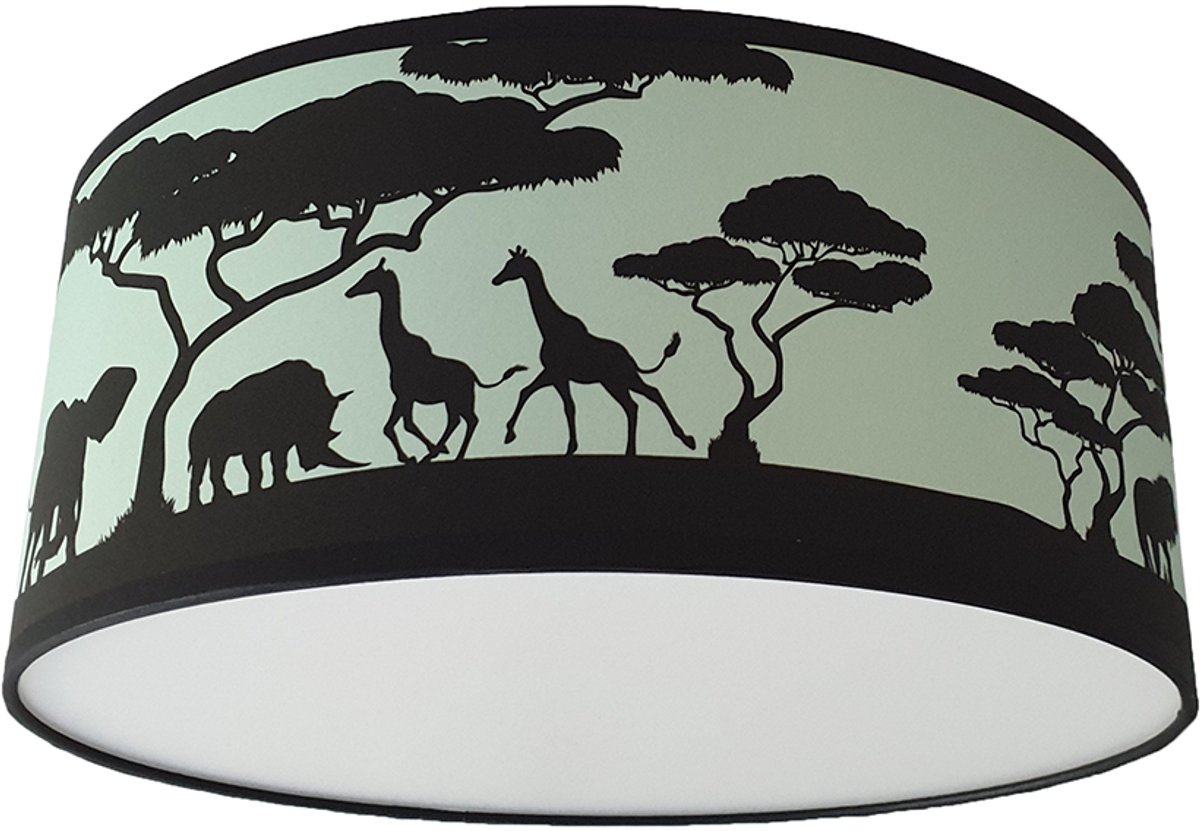 Plafondlamp safari silhouet groen/mint - Lamp voor aan het plafond - Dieren plafondlamp | Diameter 35cm x 15cm hoog | E27 fitting maximaal 40 watt | Excl. Lichtbron