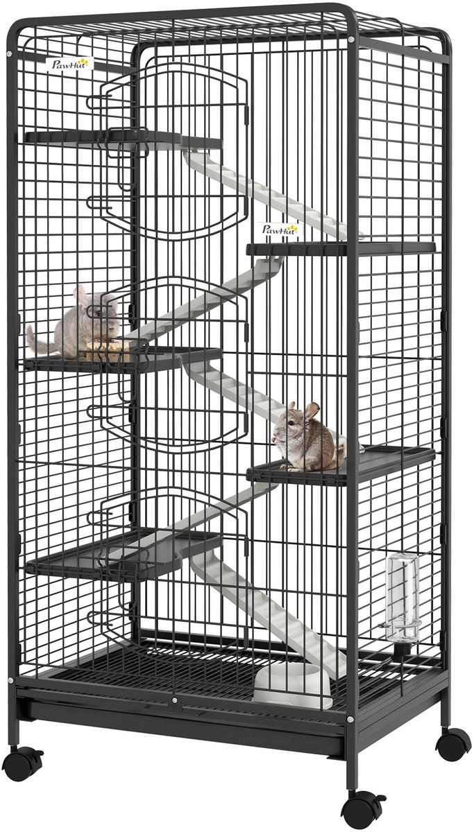 VILIMA - Rattenkooi - Chinchilla hok - Huisvesting kleine knaagdieren - 6 verdiepingen - 64x43.5x131 cm - Voldoende beweegruimte - Metaal - Op wielen - Zwart