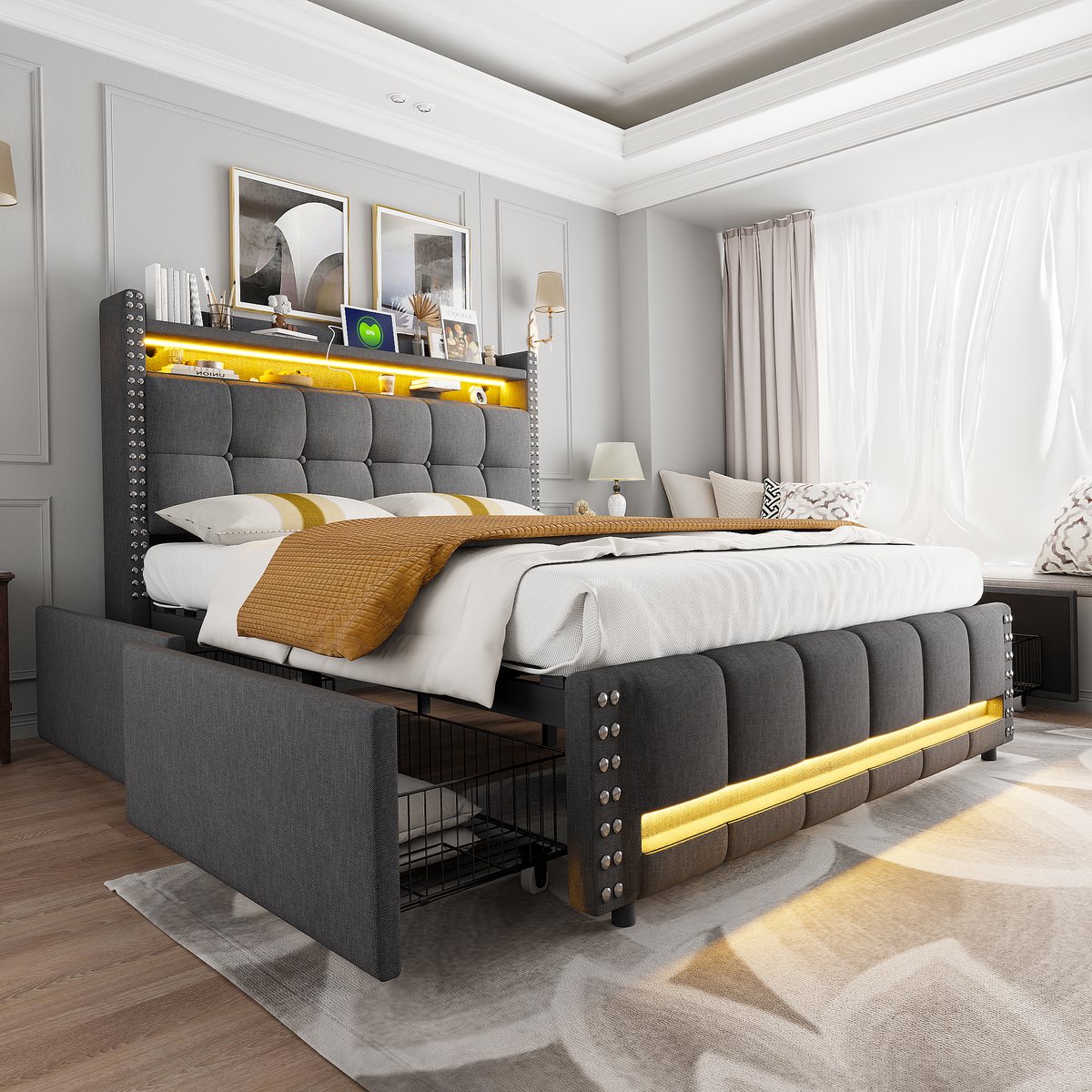 AURA LUMEN Gestoffeerd bed Tweepersoonsbed 160 x 200 cm met LED-verlichting en USB-aansluiting Kopfteil met opbergruimte en 4 lades Grijs