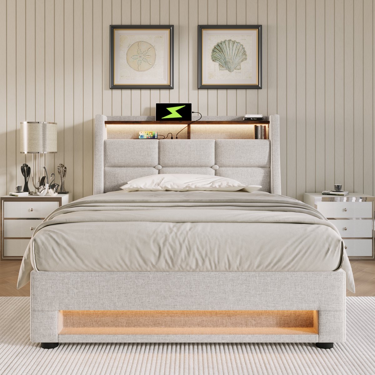 AURA LUMEN Gestoffeerd bed-Eenpersoonsbed-90 x 200 cm-LED-verlichting-USB-aansluiting-Beige-Zonder matras