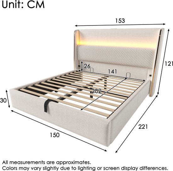 Afmetingen van een beige bed met verlichting en opbergruimte onder de lattenbodem.