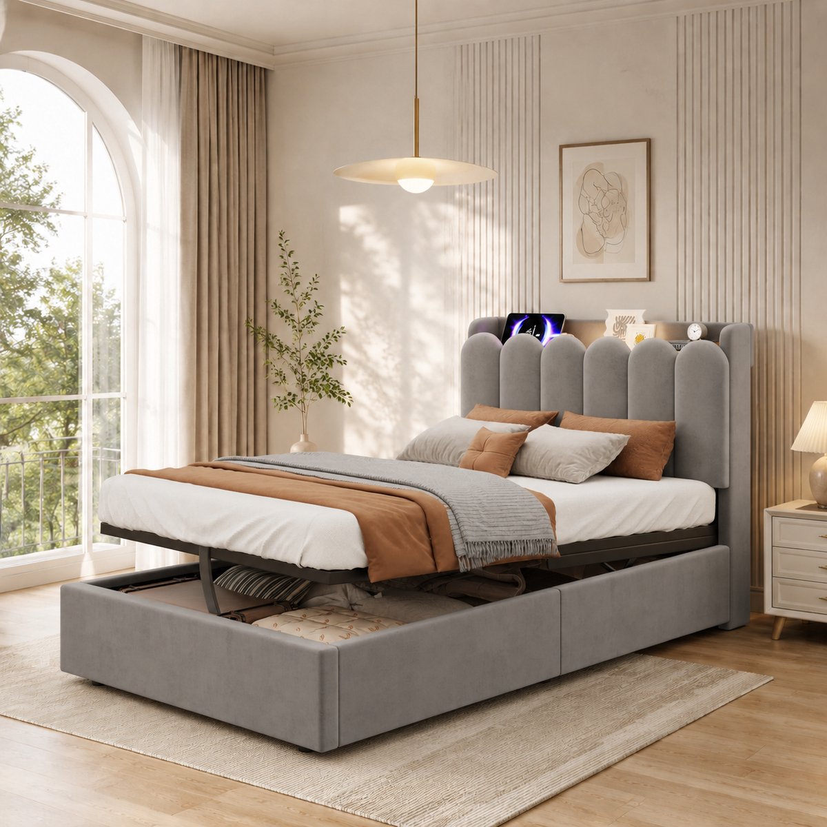 AURA LUMEN Gestoffeerd bed-Eenpersoonsbed-90 x 200 cm-Hydraulisch bed-Bed met lades-Bed met LED en USB-Grijs
