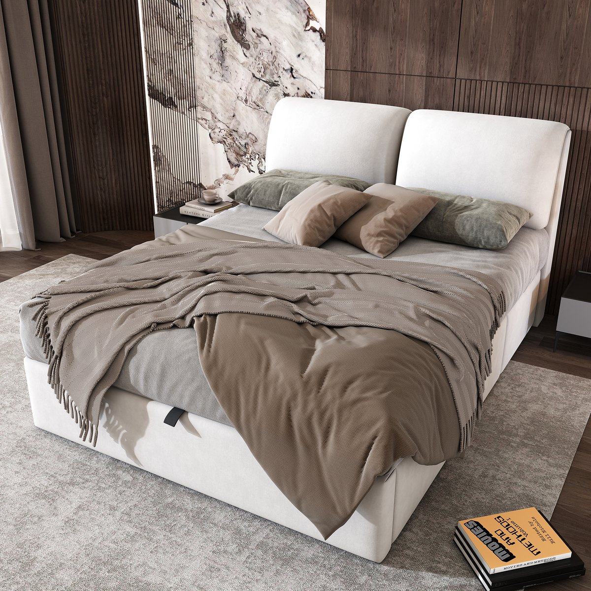 AURA LUMEN-Gestoffeerd bed-Twijfelaarbed-140 x 200 cm-Hydraulisch-Bed met opbergruimte-Drie lades-Kopdbord-Velvet-Beige-Zonder matras