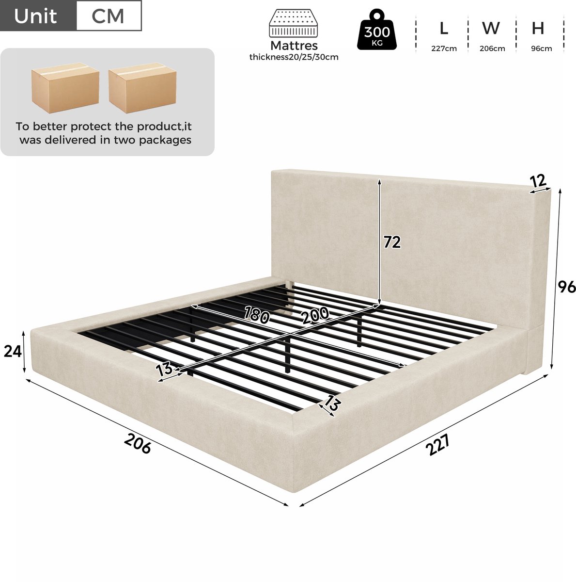 Gestoffeerd bed-Tweepersoonsbed-180 x 200 cm-Gepolstert kopfdeel-Bed met lattenrost-Beige-Chenille