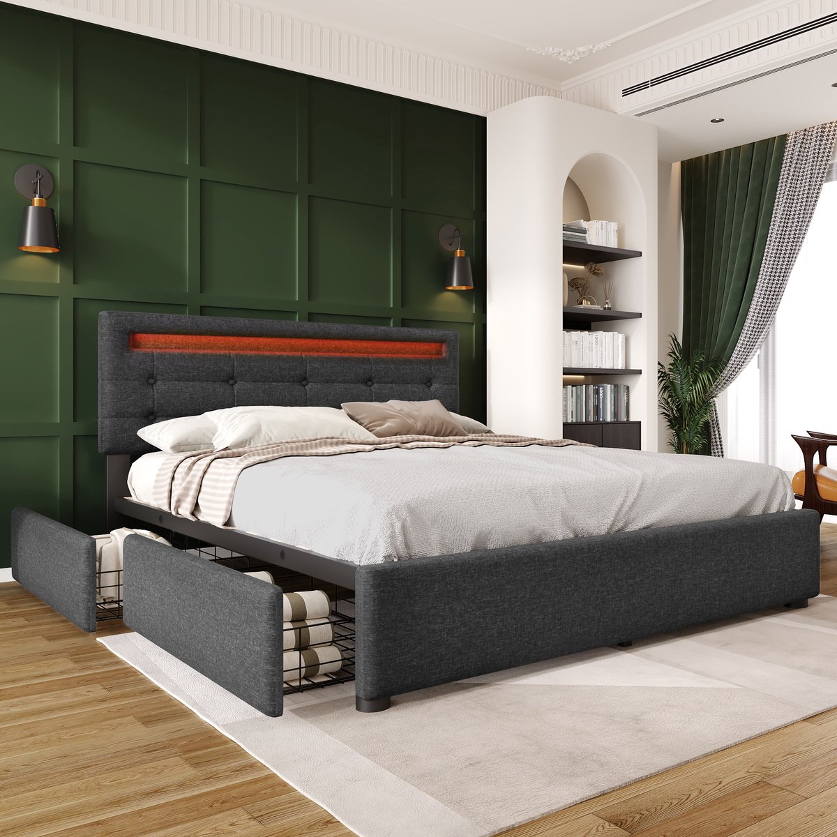 AURA LUMEN Gestoffeerd bed-Twijfelaarbed-140x200 cm-Bed met LED en USB-Bed met lades-Grijs