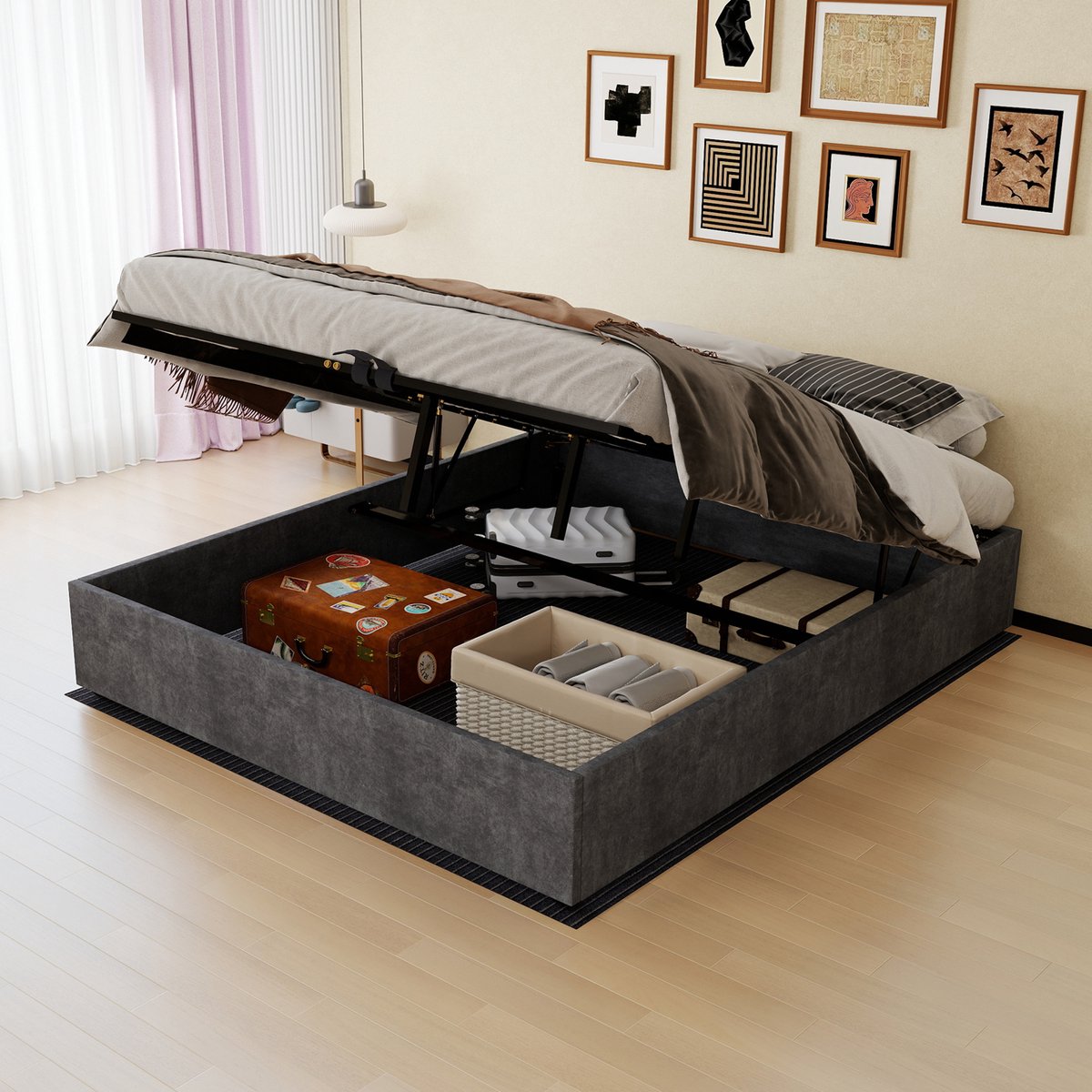 AURA LUMEN-Gestoffeerd bed-Tweepersoonsbed-160 x 200 cm-Gasveer bed-Bed met opbergruimte-Grijs