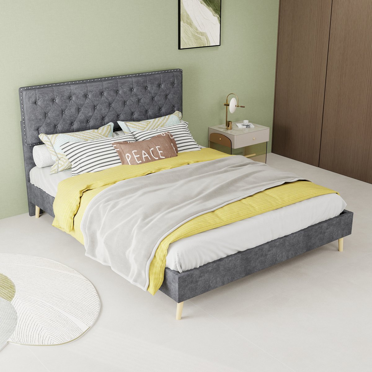 AURA LUMEN-Gestoffeerd bed-Twijfelaarbed-140 x 200 cm-Met opbergruimte-Met hoofdbord-Grijs