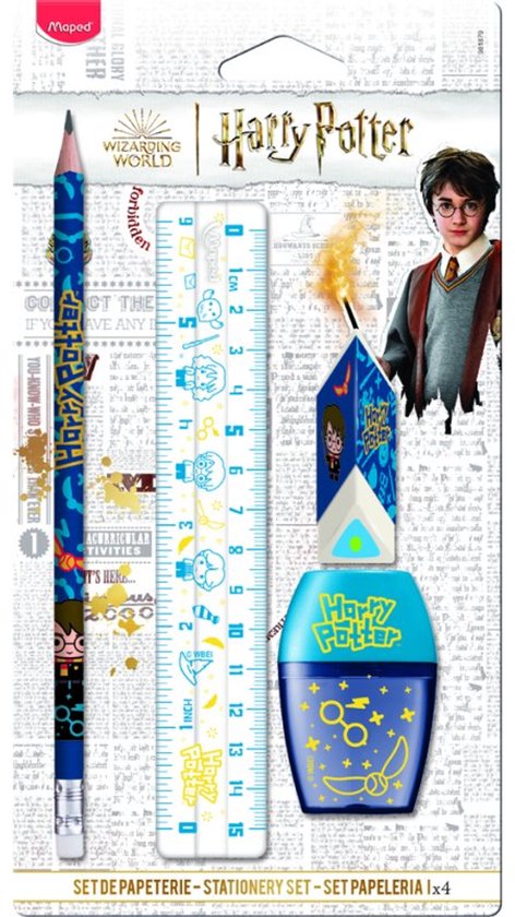 Harry Potter 4-delige schrijfset van Maped met potlood, liniaal, gum en puntenslijper in blauw en geel thema.