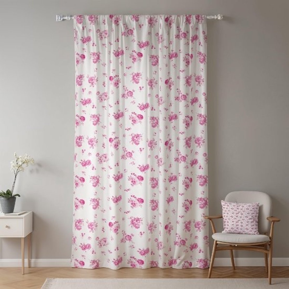 Bloemengordijnen - Rustieke raambekleding - Woonkamerdecoratie - Kwaliteitsstof - Polyester - 107x160 cm - Roze