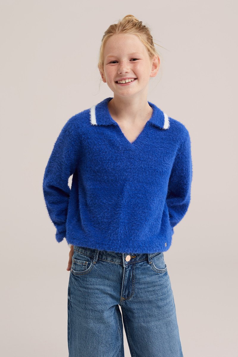 WE Fashion Meisjes fijngebreide polo met contrast en structuur