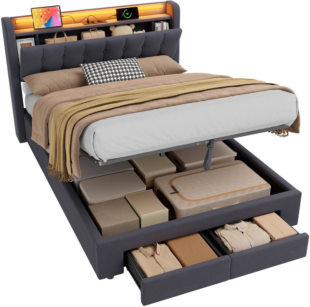 DESMIU Gestoffeerd Jeugdbed 140x200cm Zonder Matras – Bed Met Ledverlichting, Usb Oplaadstation en 2 Lades – Slaapkamer – Fluweel – Grijs
