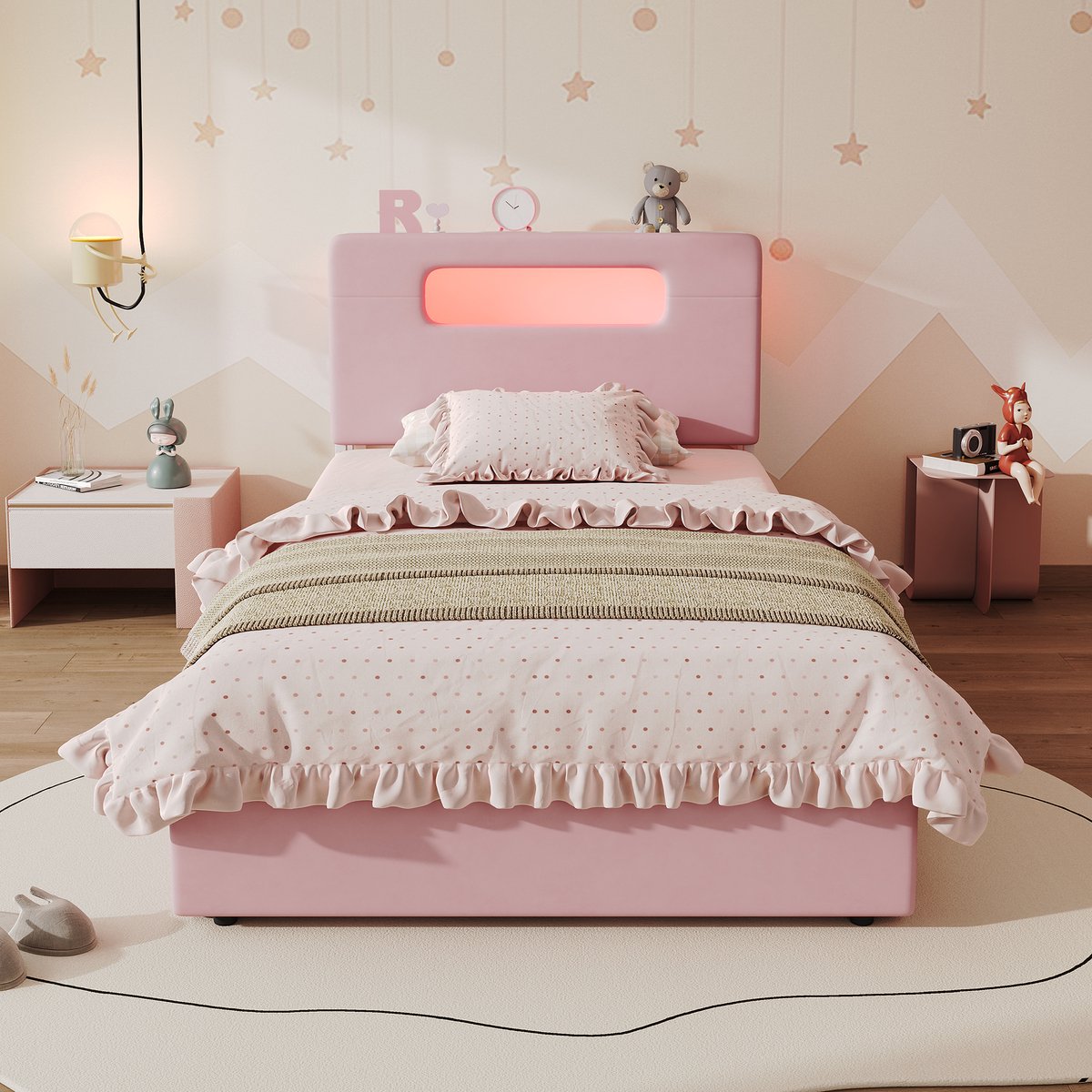 MIVRAY Kinderbed 90 x 200 cm - Vier Lades, Open Opbergvak En Appgestuurde Ledverlichting - Zonder Matras - Stof - Roze