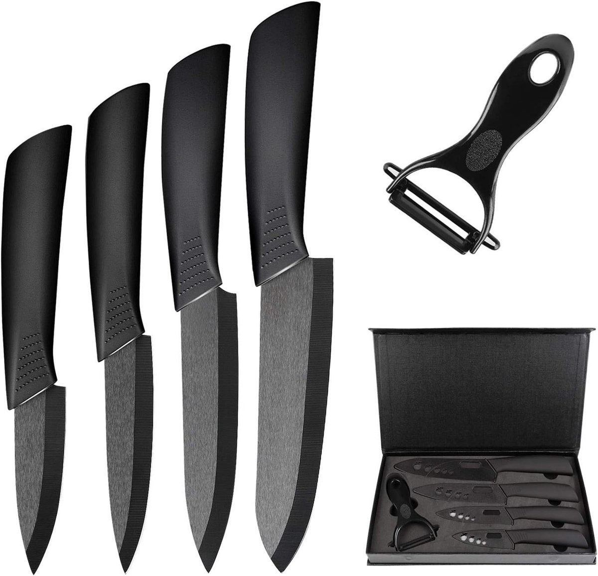 Keramische Kookmessen Set met Beschermhoes, 4-delige Keukenmessen en Schiller voor Vlees, Fruit en Groenten - Zwart