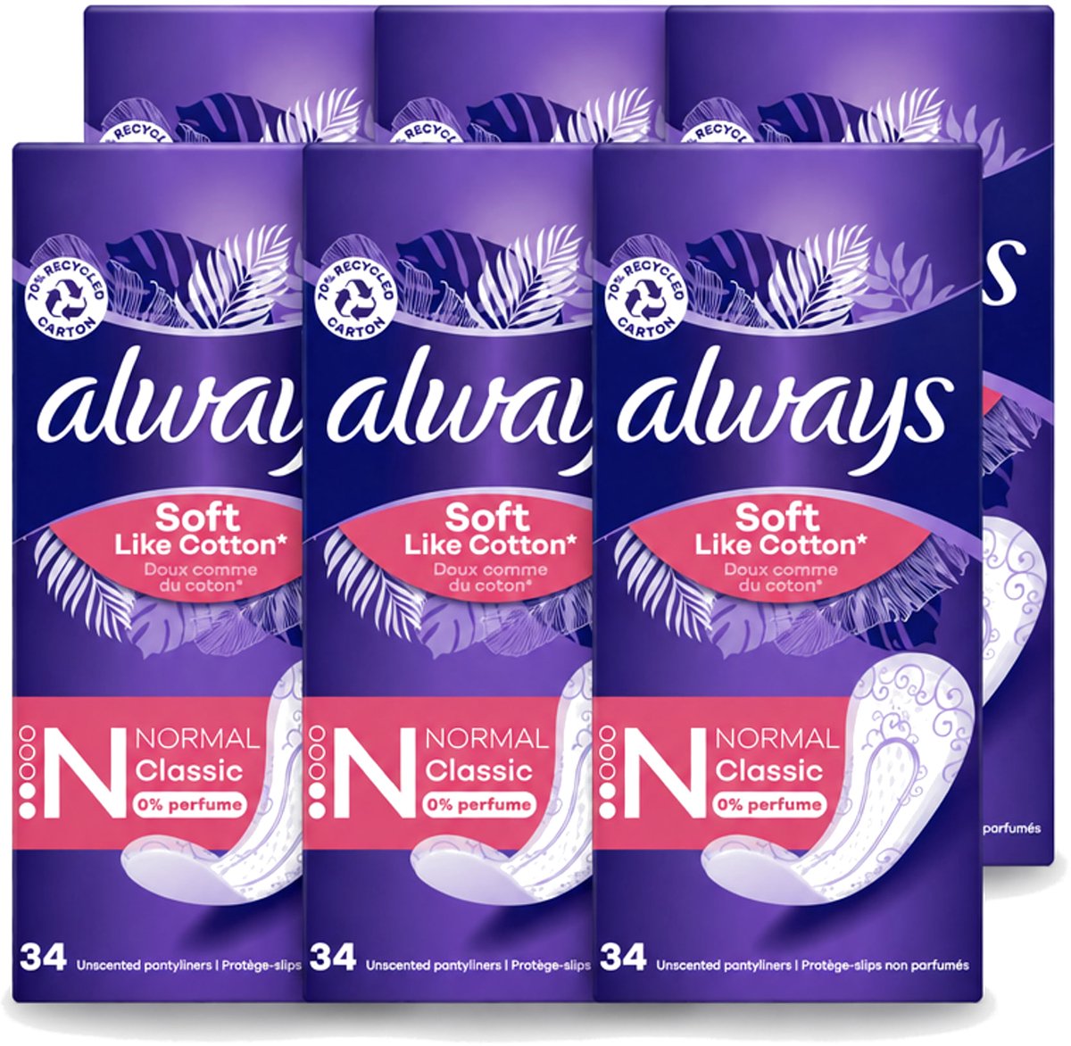 6 x Always – Inlegkruisjes – Discreet Normal – 34 stuks - Voordeelverpakking - 6 stuks