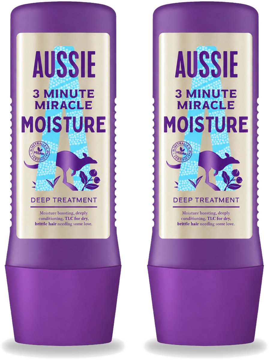 2 x Aussie - Haarmasker - 3 Minute Miracle Moisture - Intensief - Vegan Verzorging - 225 ml - Voordeelverpakking - 2 stuks