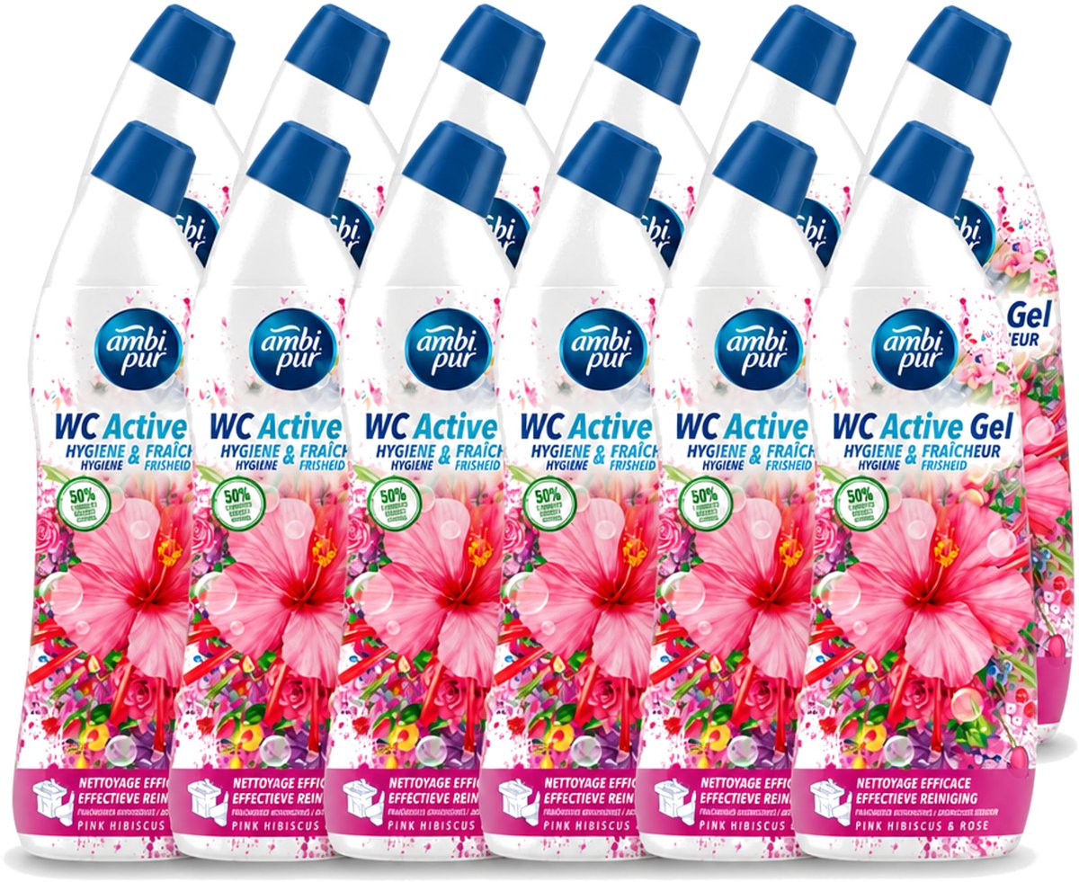 12 x Ambi Pur - Toiletreiniger - WC Active Gel - Hibiscus & Roos - 750 ml - Voordeelverpakking - 12 stuks
