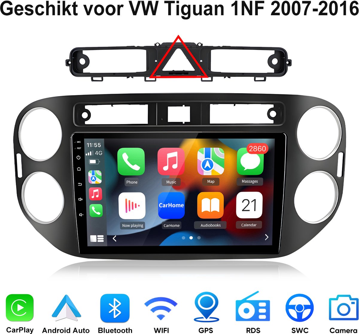 Junsun Android 15 Autoradio Geschikt voor VW Tiguan 1NF 2007-2016 - 4GB+64GB - Draadloze CarPlay & Android Auto - GPS-navigatiesysteem - Bluetooth - Stuurwielbediening - WiFi - 9-inch Touchscreen - FM - RDS - USB