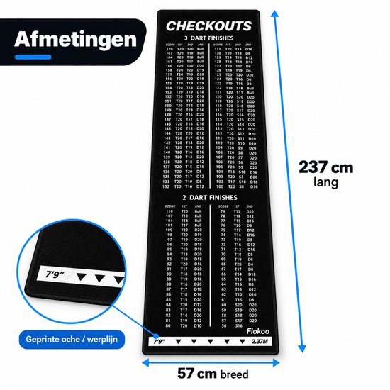 Dartmat met Oche & Checkout Tabel – 237 x 57 cm – Dartmat met Werplijn 2,37 m – 2 & 3 Dart Finishes – Antislip Dartmat – Zwart van Flokoo — afbeelding 2