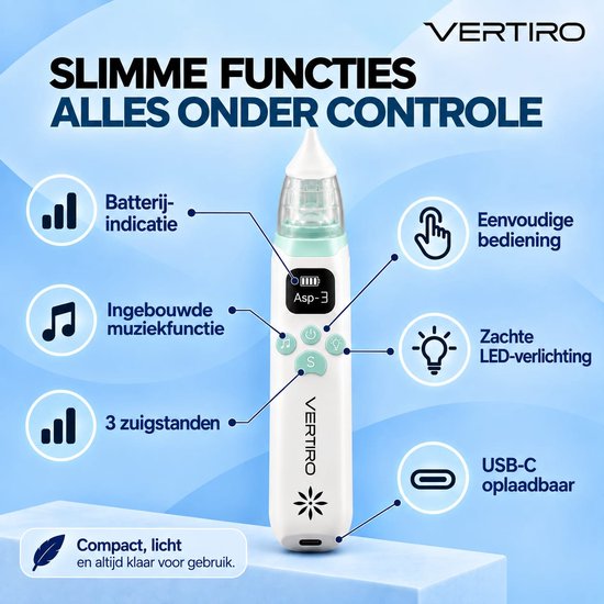 Witte neusreiniger met groene accenten, inclusief batterij-indicatie, muziekfunctie, LED en USB-C oplaadbaar.