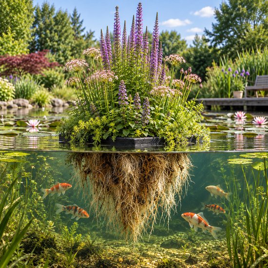 Drijvend eiland met paarse bloemen en groene planten, in een vijver met vissen. De wortels van het eiland zijn zichtbaar onder water.